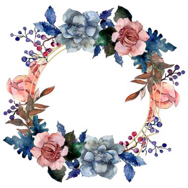 Şakayık ve etli buket botanik çiçek. Vahşi bahar yaprak. Suluboya arka plan illüstrasyon küme. Suluboya çizim moda aquarelle izole. Çerçeve kenarlığı süsleme Meydanı.