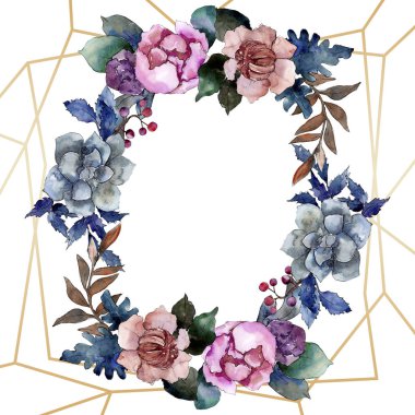 Şakayık ve etli buket botanik çiçek. Vahşi bahar yaprak. Suluboya arka plan illüstrasyon küme. Suluboya çizim moda aquarelle izole. Çerçeve kenarlığı süsleme Meydanı.