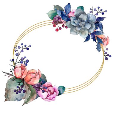 Şakayık ve etli buket botanik çiçek. Vahşi bahar yaprak. Suluboya arka plan illüstrasyon küme. Suluboya çizim moda aquarelle izole. Çerçeve kenarlığı süsleme Meydanı.