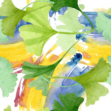 Ginkgo biloba yeşil yaprakları. Yaprak bitki çiçek bitki örtüsü. Suluboya resim kümesi. Suluboya çizim moda aquarelle izole. Sorunsuz arka plan deseni. Kumaş duvar kağıdı yazdırma doku.