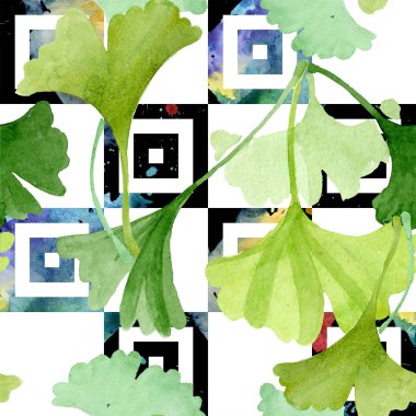 Ginkgo biloba yeşil yaprakları. Yaprak bitki çiçek bitki örtüsü. Suluboya resim kümesi. Suluboya çizim moda aquarelle izole. Sorunsuz arka plan deseni. Kumaş duvar kağıdı yazdırma doku.