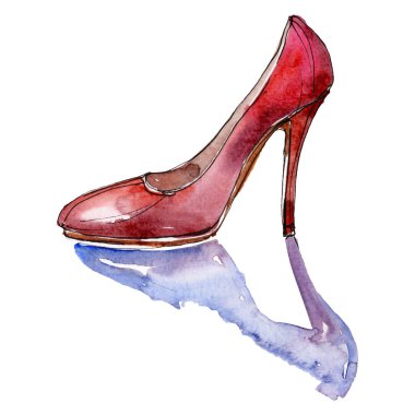 Yüksek topuk ayakkabı moda glamour çizimde bir suluboya stil izole aquarelle öğesi kroki. Giyim aksesuarları trendy moda kıyafet ayarlayın. Suluboya arka plan illüstrasyon seti.