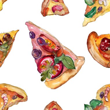 Fast food itallian pizza izole bir suluboya tarzında ayarlayın. Beyaz arka plan üzerinde çizilmiş nesneleri çizim ver. Suluboya sorunsuz arka plan deseni. Kumaş duvar kağıdı aquarelle yazdırma doku.