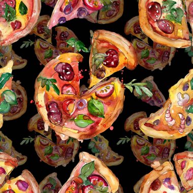 Fast food itallian pizza izole bir suluboya tarzında ayarlayın. Beyaz arka plan üzerinde çizilmiş nesneleri çizim ver. Suluboya sorunsuz arka plan deseni. Kumaş duvar kağıdı aquarelle yazdırma doku.