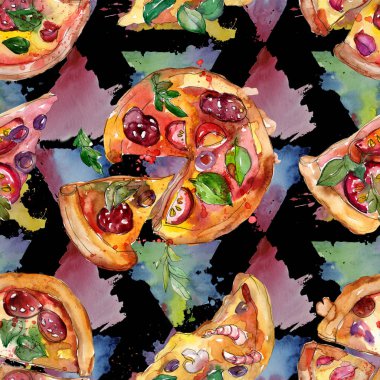 Fast food itallian pizza izole bir suluboya tarzında ayarlayın. Beyaz arka plan üzerinde çizilmiş nesneleri çizim ver. Suluboya sorunsuz arka plan deseni. Kumaş duvar kağıdı aquarelle yazdırma doku.