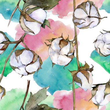 Beyaz pamuklu botanik çiçek. Vahşi bahar yaprak. Suluboya resim kümesi. Suluboya çizim moda aquarelle izole. Sorunsuz arka plan deseni. Kumaş duvar kağıdı yazdırma doku.