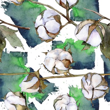 Beyaz pamuklu botanik çiçek. Vahşi bahar yaprak. Suluboya resim kümesi. Suluboya çizim moda aquarelle izole. Sorunsuz arka plan deseni. Kumaş duvar kağıdı yazdırma doku.