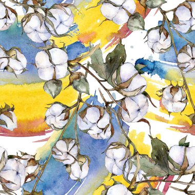 Beyaz pamuklu botanik çiçek. Vahşi bahar yaprak. Suluboya resim kümesi. Suluboya çizim moda aquarelle izole. Sorunsuz arka plan deseni. Kumaş duvar kağıdı yazdırma doku.