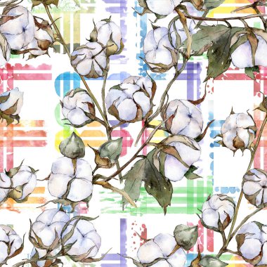 Beyaz pamuklu botanik çiçek. Vahşi bahar yaprak. Suluboya resim kümesi. Suluboya çizim moda aquarelle izole. Sorunsuz arka plan deseni. Kumaş duvar kağıdı yazdırma doku.