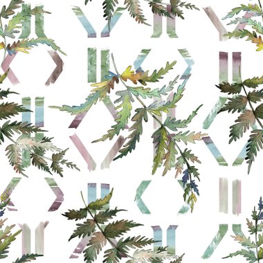 Fern yeşil yaprak. Botanik Bahçe çiçek bitki örtüsü bitki. Suluboya resim kümesi. Suluboya çizim aquarelle izole. Sorunsuz arka plan deseni. Kumaş duvar kağıdı yazdırma doku.