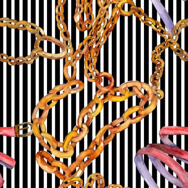 Altın zincir kemer glamour illüstrasyon suluboya tarzında. Giyim aksesuarları moda kıyafet ayarlayın. Suluboya çizim moda aquarelle. Sorunsuz arka plan deseni. Kumaş duvar kağıdı yazdırma doku.