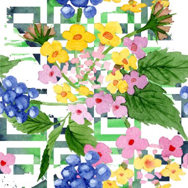 Pembe lantana çiçek. Vahşi bahar yaprak izole kır çiçeği. Suluboya resim kümesi. Suluboya çizim moda aquarelle. Sorunsuz arka plan deseni. Kumaş duvar kağıdı yazdırma doku.