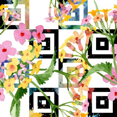 Pembe lantana çiçek. Vahşi bahar yaprak izole kır çiçeği. Suluboya resim kümesi. Suluboya çizim moda aquarelle. Sorunsuz arka plan deseni. Kumaş duvar kağıdı yazdırma doku.