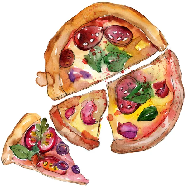 Pizza Italiana Comida Rápida Conjunto Estilo Acuarela Objetos Dibujados Mano —  Fotos de Stock