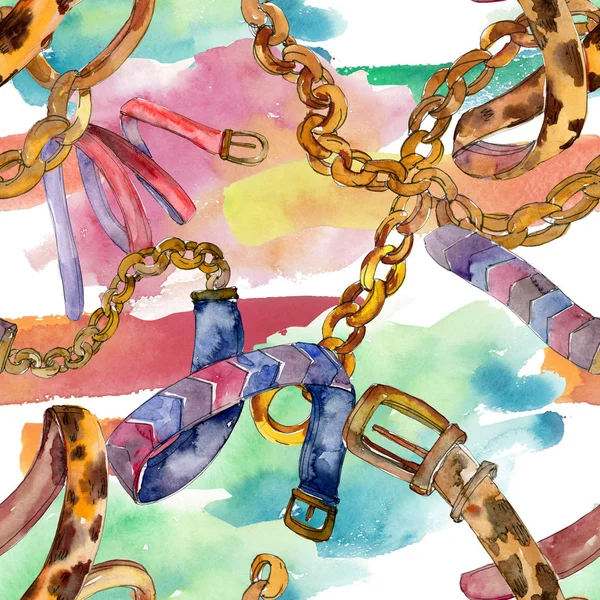 Leather and golden chain belts illustration in a watercolor style. Clothes accessories set outfit. Watercolour drawing fashion aquarelle. Seamless background pattern. Fabric wallpaper print texture.