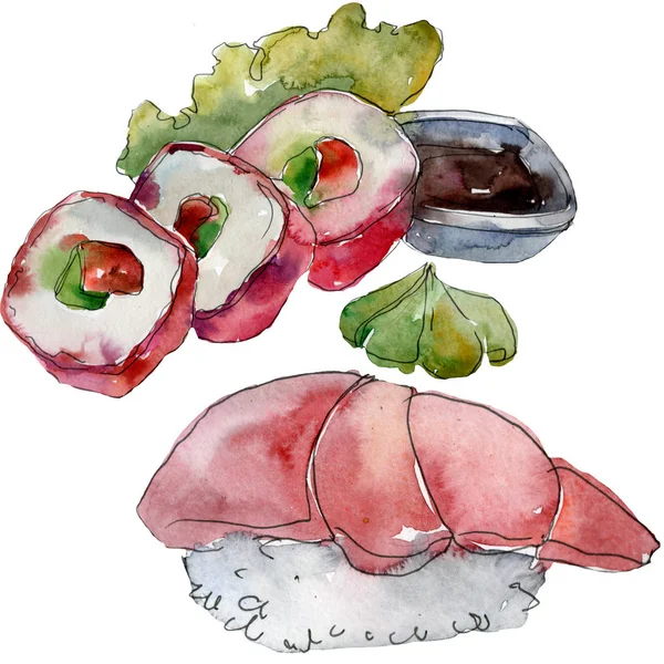 Watercolor sushi set of beautiful tasty japanese food illustration. Watercolour hand drawn objects on white background. Aquarelle isolated sushi illustration element.