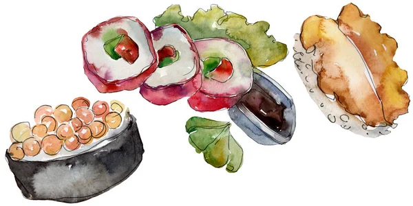 Watercolor sushi set of beautiful tasty japanese food illustration. Watercolour hand drawn objects on white background. Aquarelle isolated sushi illustration element.