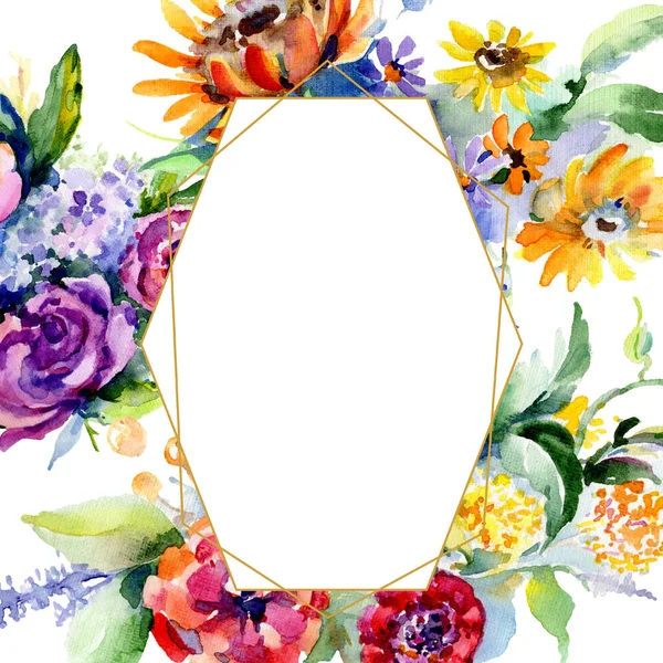 Stock image Bouquets floral botanical flower. Wild spring leaf wildflower isolated. Watercolor background illustration set. Watercolour drawing fashion aquarelle isolated. Frame border crystal ornament square.