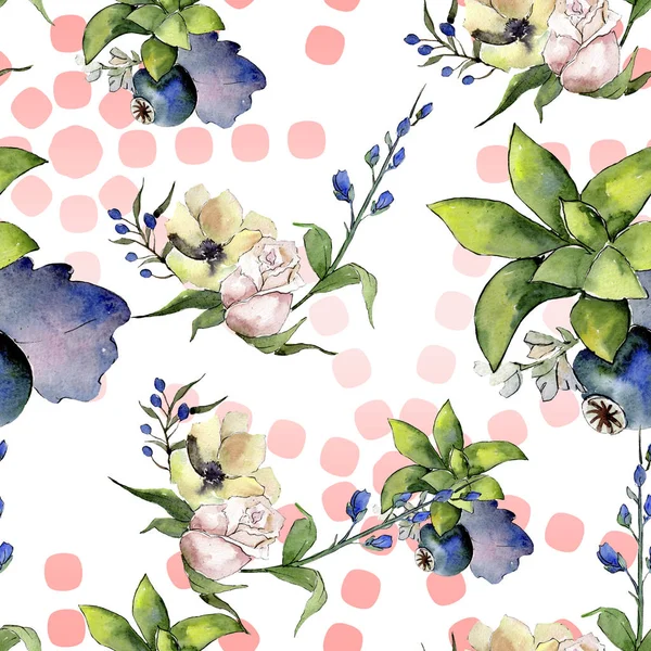 Sträuße Mit Saftigen Blumen Wildes Frühlingsblatt Isoliert Aquarell Illustrationsset Vorhanden — Stockfoto