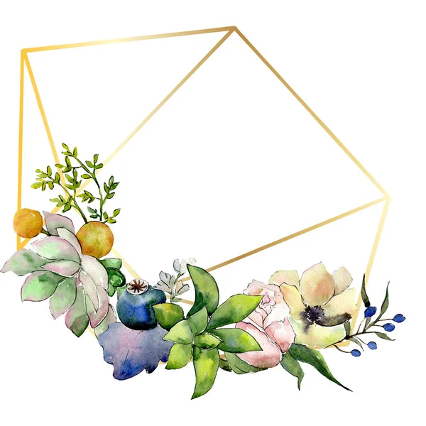 Sträuße Mit Saftigen Blumen Botanischen Blumen Wildes Frühlingsblatt Aquarell Hintergrundillustration — Stockfoto