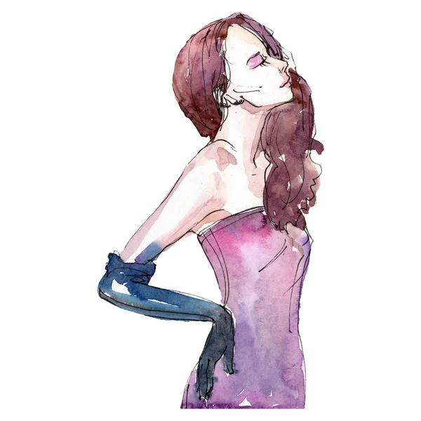Young woman in dress sketch fashion glamour illustration in a watercolor style isolated aquarelle element. Clothes accessories set trendy vogue outfit. Watercolour background illustration set.
