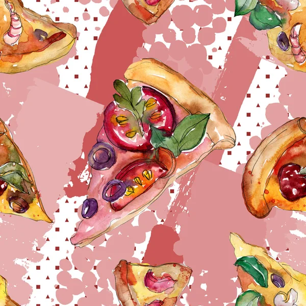 快餐意大利披萨在水彩风格隔离集 手绘对象在白色背景上的例证 水彩无缝背景图案 织物壁纸水上印刷纹理 — 图库照片