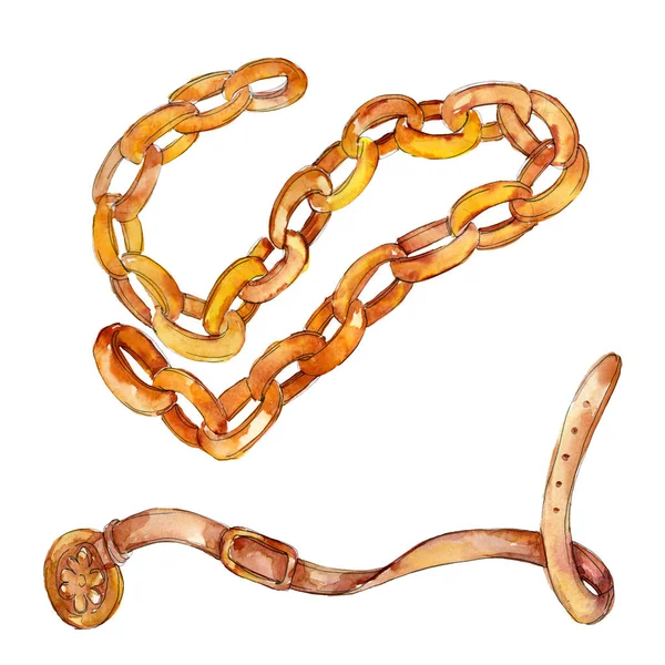 Altın zincir ve deri moda glamour illüstrasyon bir suluboya stili arka planda kemer. İzole kemer öğesi.