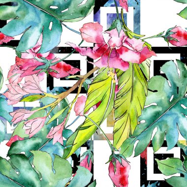 Pembe egzotik tropik hawaiian çiçek çiçek. Suluboya resim kümesi. Sorunsuz arka plan deseni.