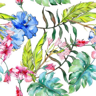 Mavi ve pembe egzotik tropik hawaiian çiçek. Suluboya resim kümesi. Sorunsuz arka plan deseni.