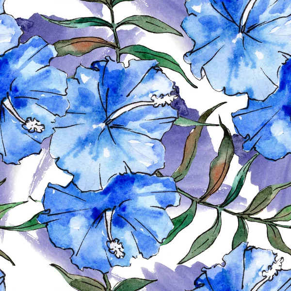 Mavi egzotik tropik hawaiian çiçek çiçek. Suluboya resim kümesi. Sorunsuz arka plan deseni.