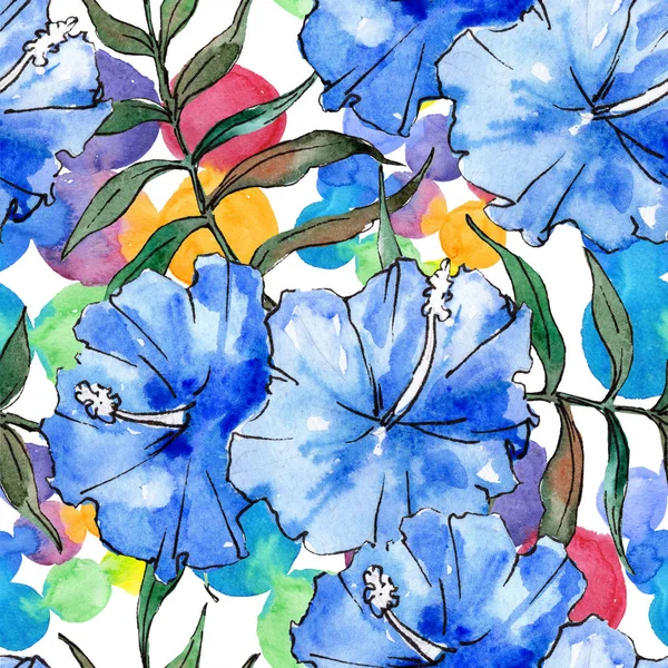 Flor floral tropical hawaiana azul exótica. Juego de ilustración en acuarela. Patrón de fondo sin costuras . — Foto de Stock
