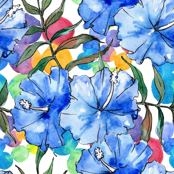 Blue exotic tropical hawaiian floral flower. Watercolor illustration set. Seamless background pattern.