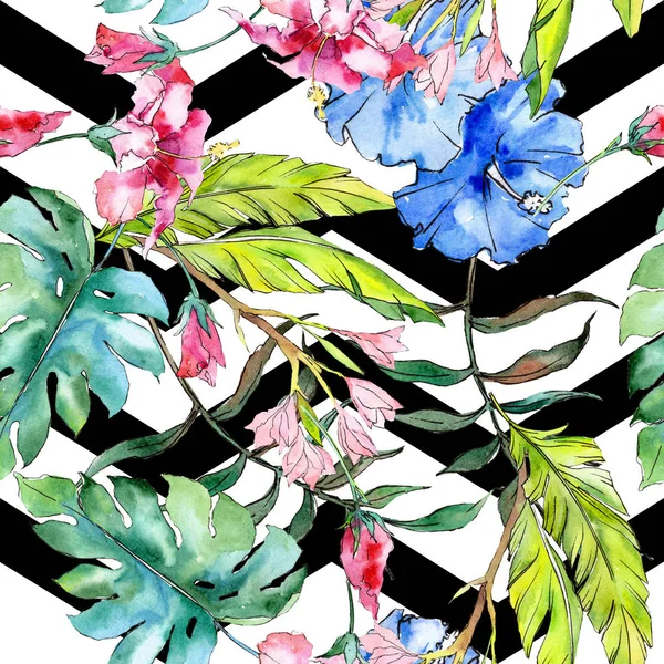 Flor floral tropical hawaiana exótica azul y rosa. Juego de ilustración en acuarela. Patrón de fondo sin costuras . — Foto de Stock