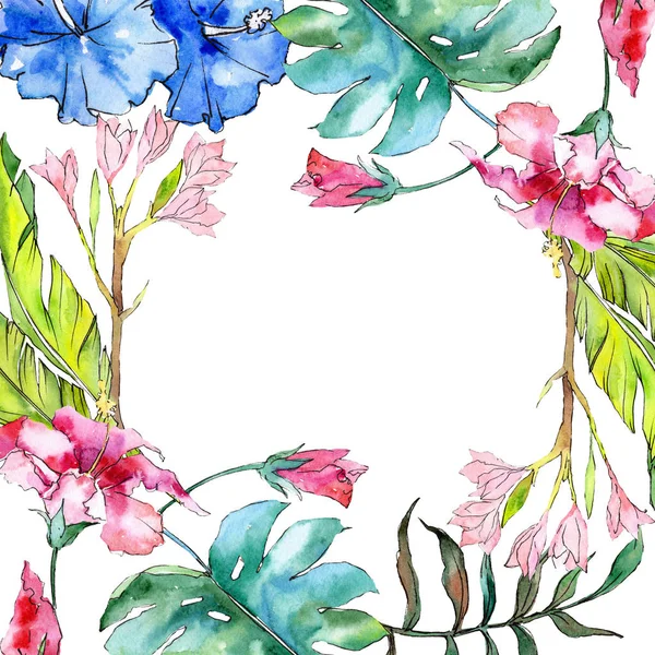 Fiori tropicali hawaiani esotici blu e rosa. Acquerello sfondo illustrazione set. Quadrato ornamento bordo cornice . — Foto Stock