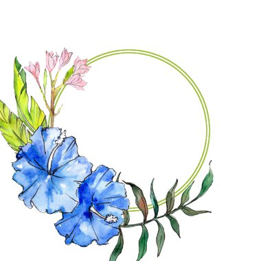 Mavi ve pembe egzotik tropik hawaiian çiçek. Suluboya arka plan illüstrasyon küme. Çerçeve kenarlığı süsleme Meydanı.