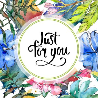 Mavi ve pembe egzotik tropik hawaiian çiçek. Suluboya arka plan illüstrasyon küme. Çerçeve kenarlığı süsleme Meydanı.