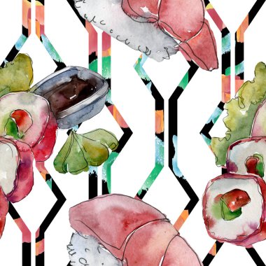 Güzel lezzetli Japon Suşi illüstrasyon suluboya suşi kümesi. Aquarelle sorunsuz arka plan deseni.