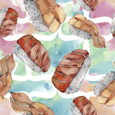 Güzel lezzetli Japon Suşi illüstrasyon suluboya suşi kümesi. Aquarelle sorunsuz arka plan deseni.