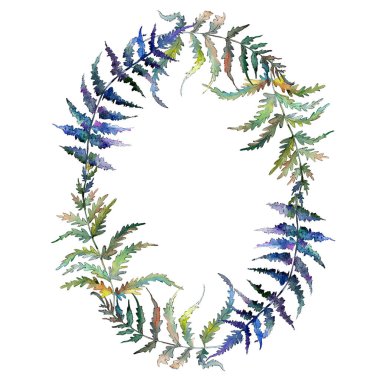 Fern yeşil yaprak. Bahçe çiçek bitki örtüsü bitki. Suluboya arka plan illüstrasyon küme. Çerçeve kenarlığı süsleme Meydanı.