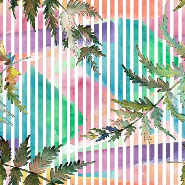 Fern yeşil yaprak. Botanik Bahçe çiçek bitki örtüsü bitki. Suluboya resim kümesi. Sorunsuz arka plan deseni.