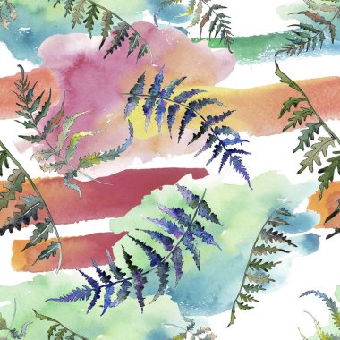 Fern yeşil yaprak. Botanik Bahçe çiçek bitki örtüsü bitki. Suluboya resim kümesi. Sorunsuz arka plan deseni.