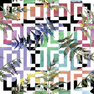 Fern yeşil yaprak. Botanik Bahçe çiçek bitki örtüsü bitki. Suluboya resim kümesi. Sorunsuz arka plan deseni.