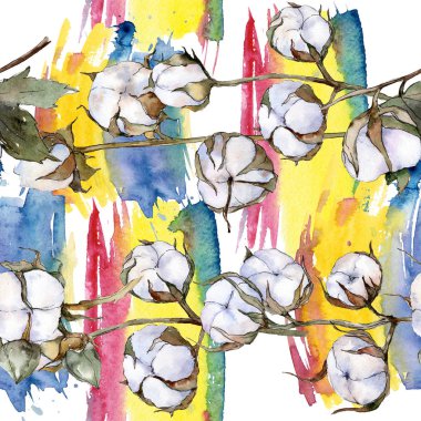 Beyaz pamuklu botanik çiçek. Suluboya arka plan illüstrasyon küme. Sorunsuz arka plan deseni.