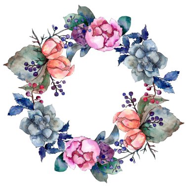 Şakayık ve etli buket çiçek. Suluboya arka plan illüstrasyon küme. Çerçeve kenarlığı süsleme Meydanı.