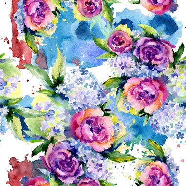 Buketler botanik çiçek. Suluboya resim kümesi. Sorunsuz arka plan deseni.