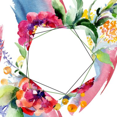 Buketler botanik çiçek. Suluboya arka plan illüstrasyon küme. Çerçeve kenarlığı kristal süsleme Meydanı.