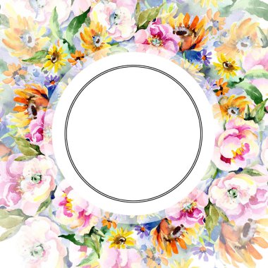 Buketler botanik çiçek. Suluboya arka plan illüstrasyon küme. Çerçeve kenarlığı süsleme Meydanı.