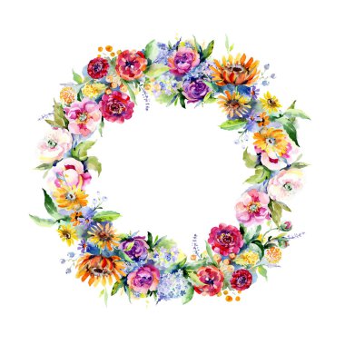 Buketler botanik çiçek. Suluboya arka plan illüstrasyon küme. Çerçeve kenarlığı süsleme Meydanı.