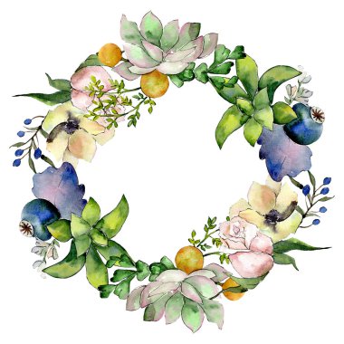 Etli çiçek botanik çiçek buketleri. Suluboya arka plan illüstrasyon küme. Çerçeve kenarlığı süsleme Meydanı.