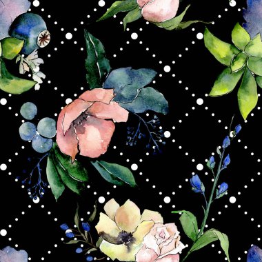 Etli çiçek botanik çiçek buketleri. Suluboya arka plan illüstrasyon küme. Sorunsuz arka plan deseni.